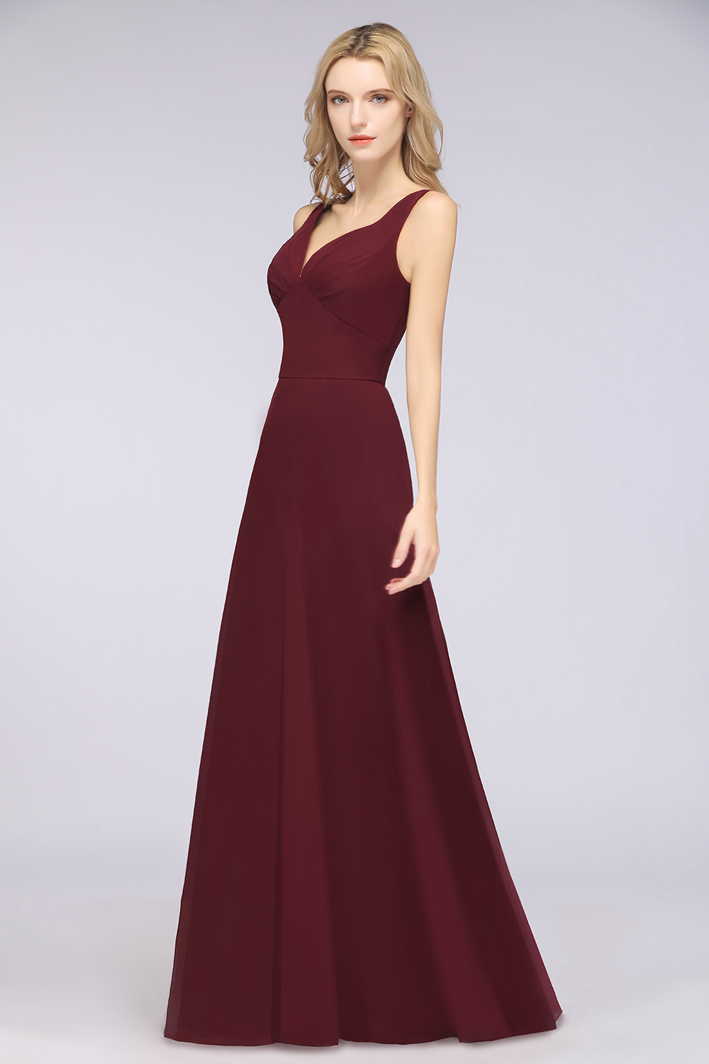 Long A Line V Neck Straps Sleeveless Ruffles Floor Length Open Back Bridesmaid Dress - YESBABYONLINE