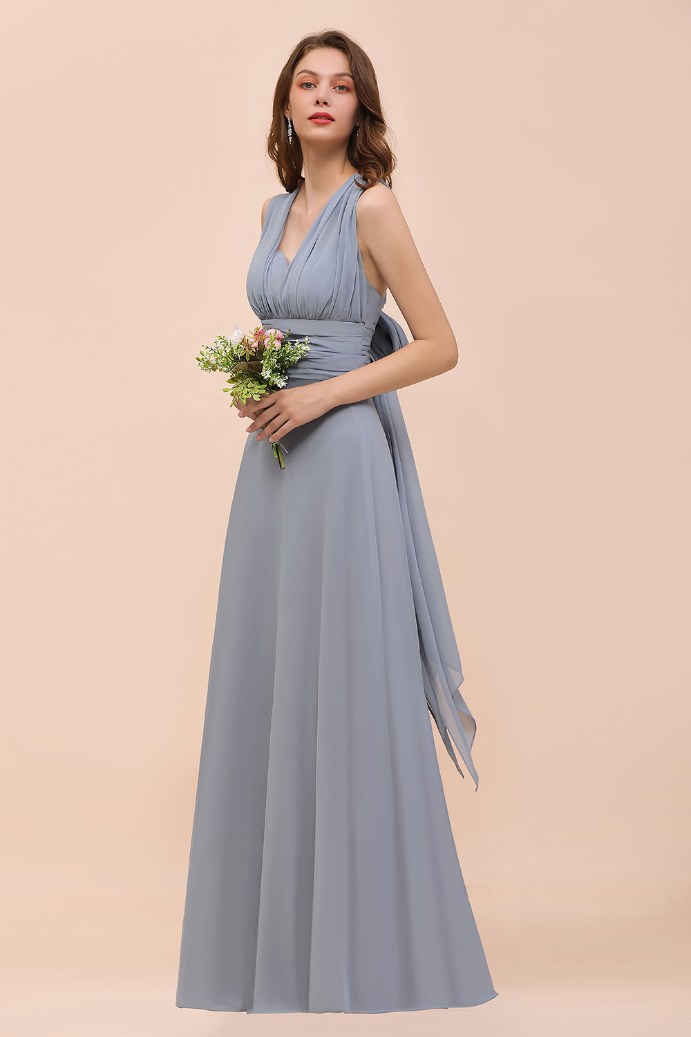 Dusty Blue Long A Line V Neck Chiffon Backless Convertible Bridesmaid Dresses - YESBABYONLINE