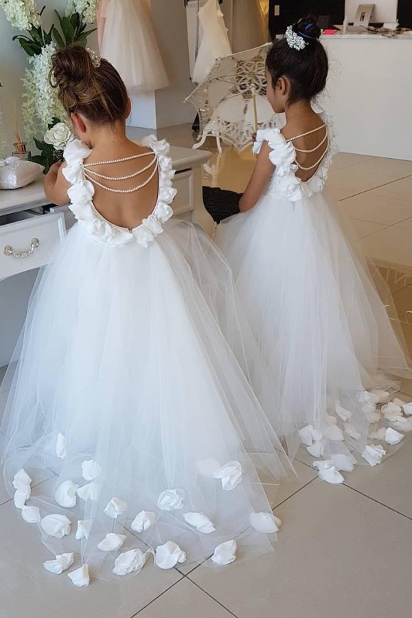 Sweet Long A-line Tulle Appliques Lace Backless Flower Girl Dresses with Pearls - YESBABYONLINE
