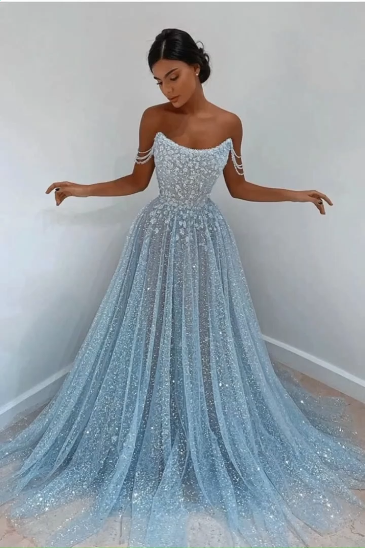 2026 Sparkly Long A-line Sweetheart Sleeveless Sequined Evening Prom Dress