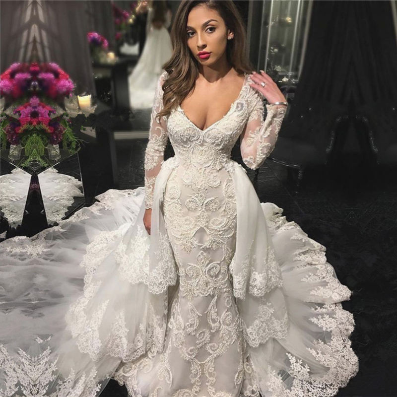 Long Mermaid V-neck Tulle Appliques Lace Wedding Dresses with Sleeves - YESBABYONLINE