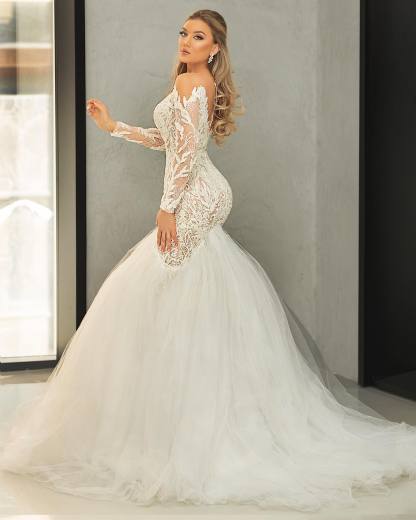 Sexy Sweetheart Long Sleeves Tulle Mermaid Wedding Dresses With Lace Appliques - YESBABYONLINE