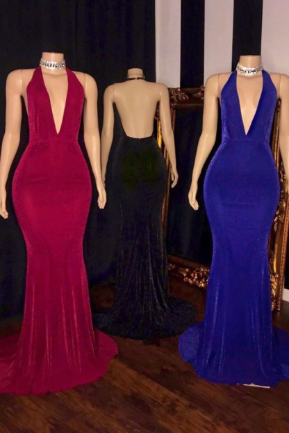 Long Mermaid Halter V-neck Sleeveless Backless Prom Dresses - YESBABYONLINE