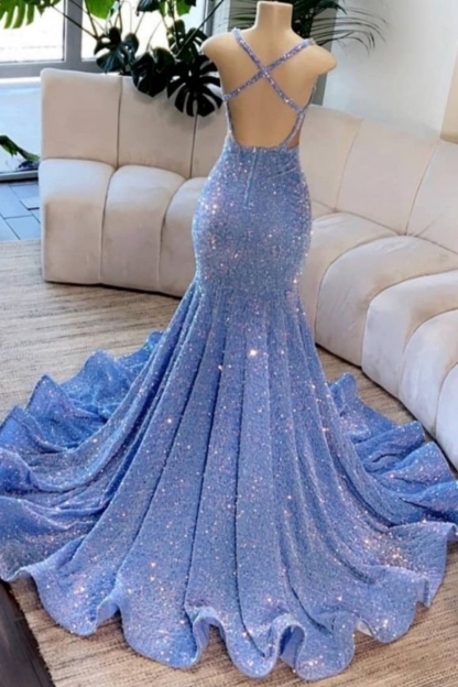 Gorgeous Long V-Neck Sleeveless Sequined Mermaid Backless Prom Dresses - YESBABYONLINE