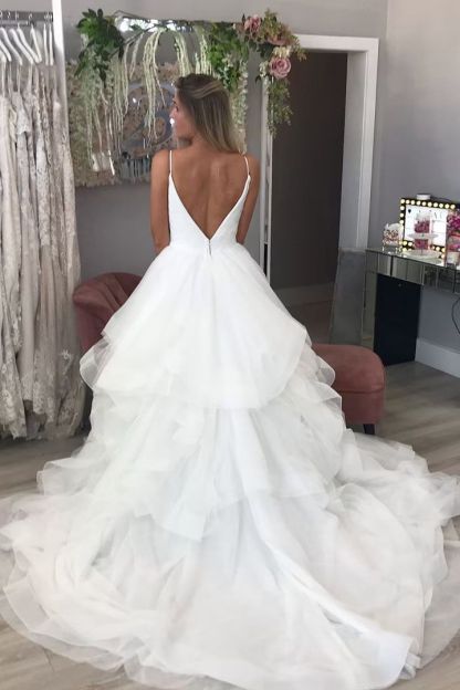White Long A-line Spaghetti Strap V Neck Backless Tulle Wedding Dresses - YESBABYONLINE