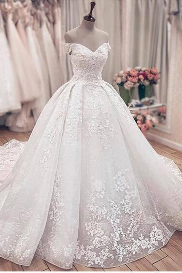 Long Off the Shoulder Tulle Lace Ball Gown Wedding Dresses - YESBABYONLINE