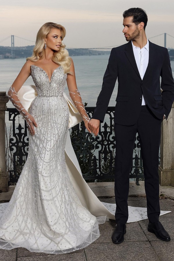 Long Sweetheart Mermaid Tulle Beaded Wedding Dress with Chapel Train - YESBABYONLINE