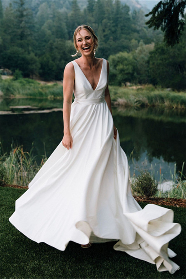 Long V-neck Sleeveless A-line Satin Backless Wedding Dresses - YESBABYONLINE