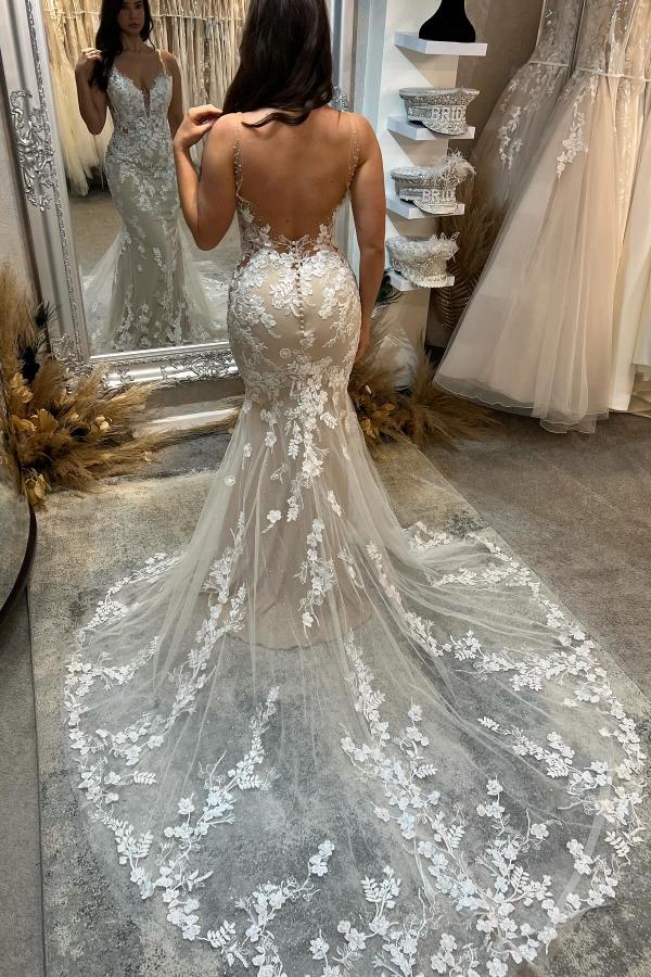 V-Neck Backless Mermaid Tulle Appliques Lace Long Wedding Dress