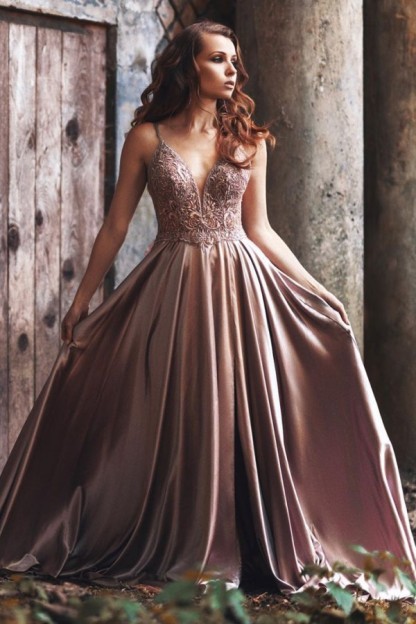 Sexy Long A-line Spaghetti Straps V-Neck Satin Backless Prom Dress - YESBABYONLINE
