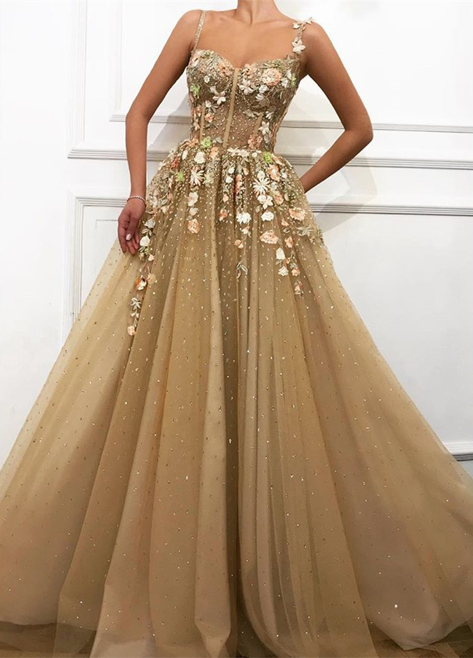 Glamorous Long A-line Spaghetti Straps Flower Sweep Train Prom Dress - YESBABYONLINE