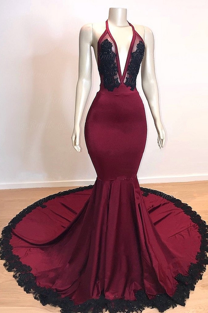 Burgundy Long Mermaid V-neck Halter Appliques Lace Backless Evening Dresses - YESBABYONLINE