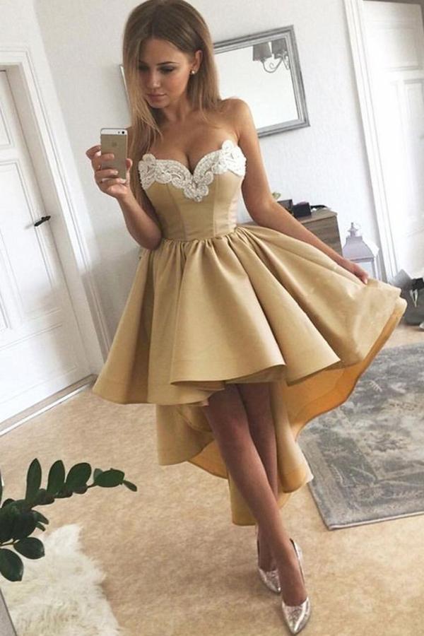High Low A-line Sweetheart Satin Appliques Lace Prom Dress - YESBABYONLINE