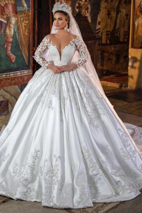 Elegent Long Sleeve V-Neck Satin Ball Gown Wedding Dress with Pockets - YESBABYONLINE