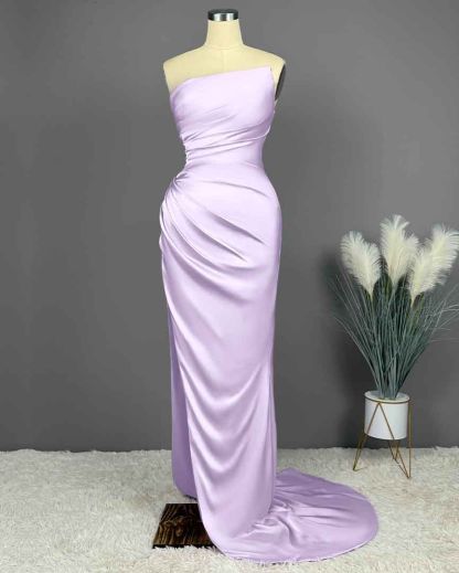 Elegant Long Strapless Sleeveless Mermaid Satin Prom Dresses with Slit - YESBABYONLINE