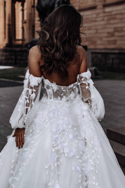 A-line Off the Shoulder Floor Length Tulle Wedding Dresses With Long Sleeves - YESBABYONLINE