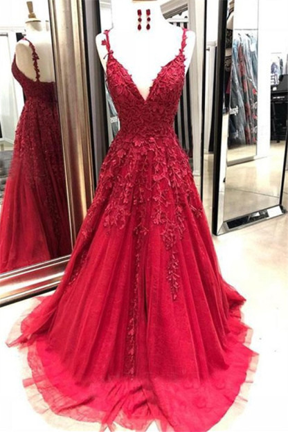 Long A-line V-neck Spaghetti Strap Sleeveless Applique Lace Prom Dresses - YESBABYONLINE
