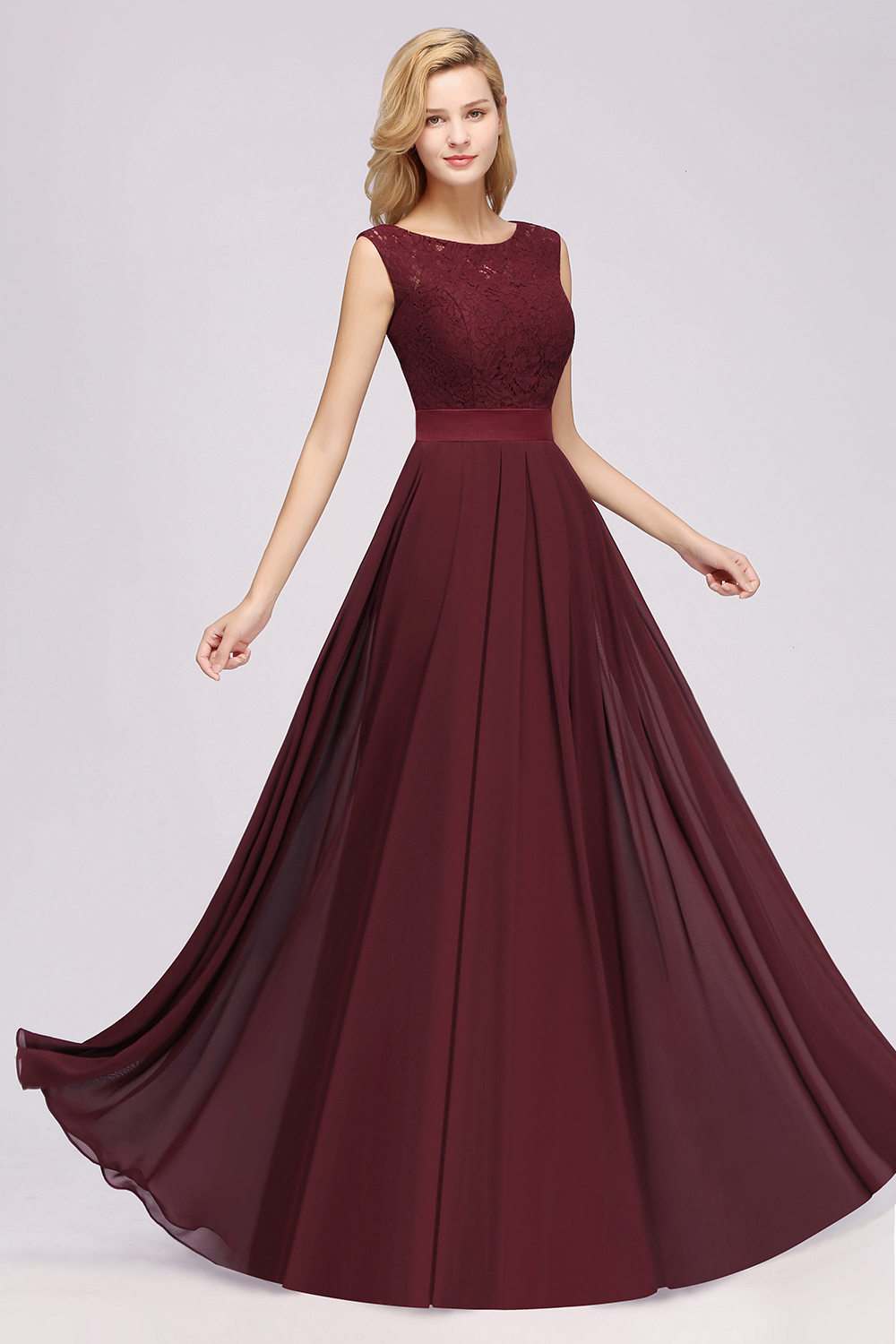 Simple Long A Line Scoop Sleeveless Lace Appliques Chiffon Bridesmaid Dresses - YESBABYONLINE