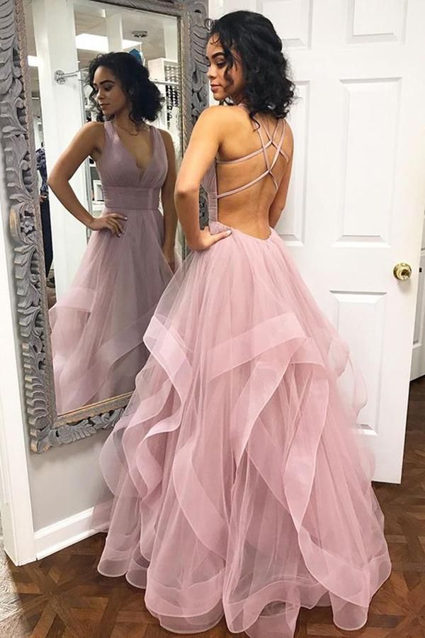 Sexy Long A-line Halter Ruffle Tulle Backless Prom Dresses - YESBABYONLINE