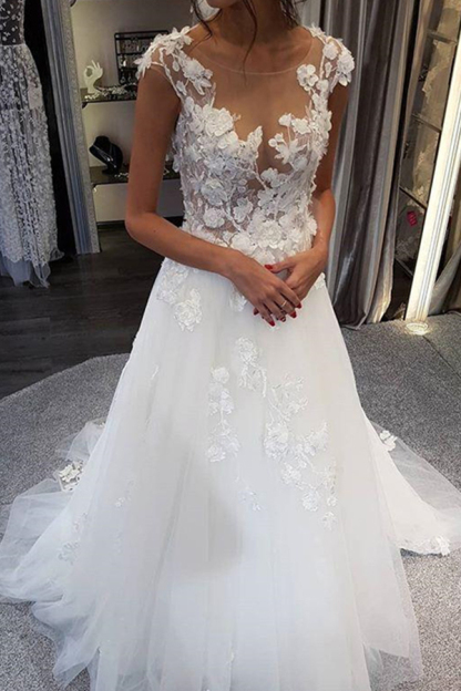 Elegant Long Tulle Sleeveless A Line Backless Wedding Dresses With Appliques Lace - YESBABYONLINE