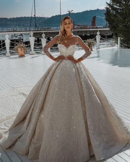 Sparkly Long Sleeves Sweetheart Sequin Satin Tulle Ball Gown Wedding Dresses - YESBABYONLINE