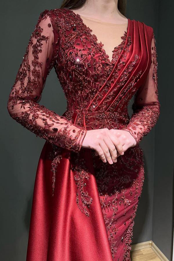 Elegant Long V-Neck Mermaid Floor-Length Lace Satin Prom Dress with Sleeves - YESBABYONLINE