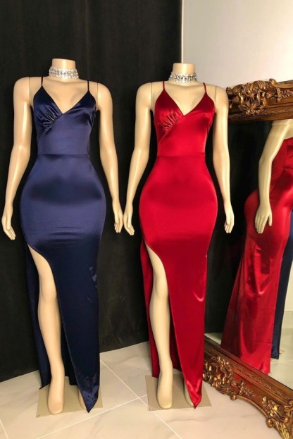 Long Mermaid Spaghetti Straps V-neck Floor Length High Slit Prom Dresses - YESBABYONLINE