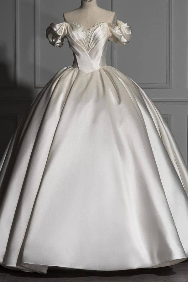 Charming Long Off the Shoulder Sweetheart Satin Ball Gown Wedding Dress with Ruffles - YESBABYONLINE