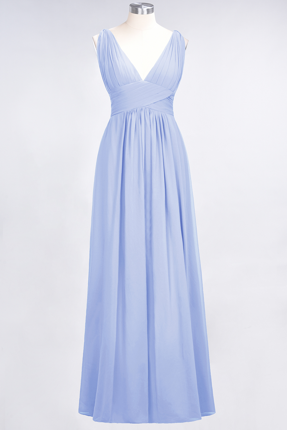 Long A Line V Neck Sleeveless Floor Length Bridesmaid Dress with Ruffle - YESBABYONLINE