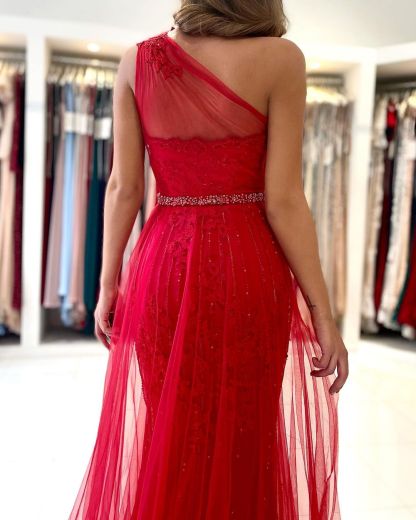 Vintage Long One Shoulder Tulle Split Lace Mermaid Prom Dresses - YESBABYONLINE