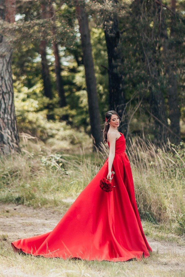 Charming Red Long A-Line One Shoulder Satin Wedding Dress with Ruffles - YESBABYONLINE