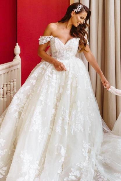 Elegant Long Off the Shoulder A-Line Sleeveless Lace Wedding Dresses with Appliques - YESBABYONLINE
