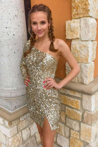 One Shoulder Sequined Homecoming Dress Hot Pink Long Sleeve