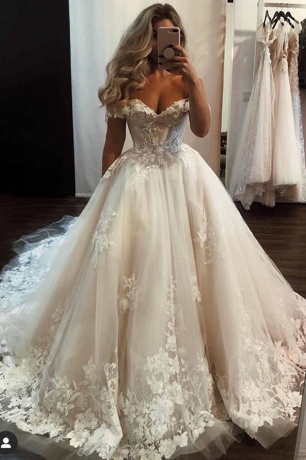 Gorgeous Long Ball Gown Tulle Off-the-shoulder Lace Wedding Dress - YESBABYONLINE