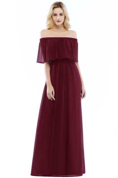 Long A line Off the Shoulder Ruffles Floor Length Chiffon Bridesmaid Dress - YESBABYONLINE