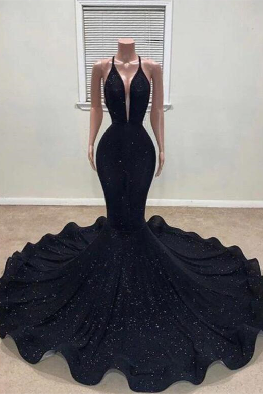 Long Black V-Neck Sleeveless Mermaid Sequined Prom Dresses - YESBABYONLINE