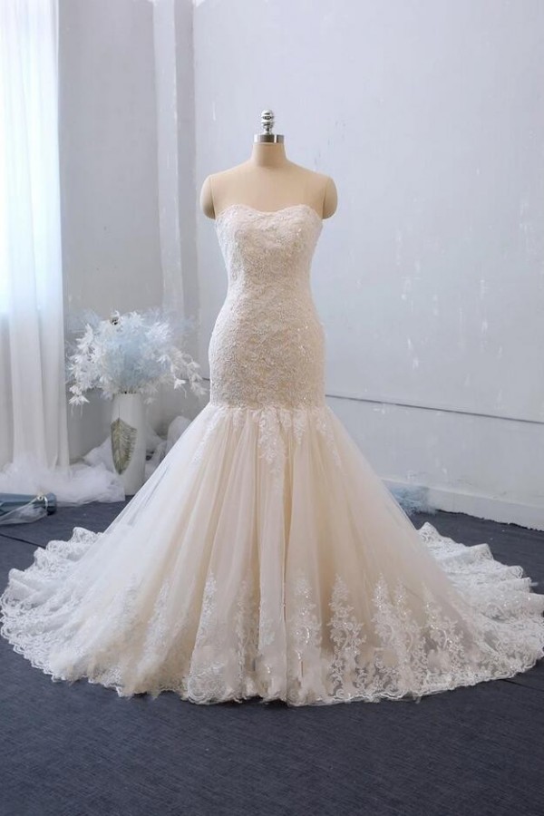 White Long Mermaid Strapless Sleeveless Tulle Lace Wedding Dresses - YESBABYONLINE