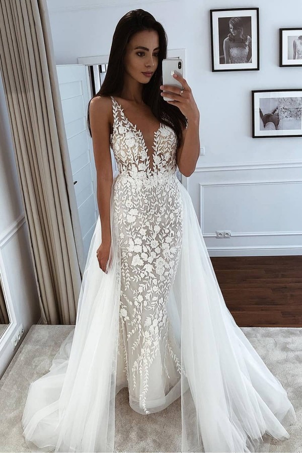 Long Straps V Neck Applique Lace Tulle Mermaid Wedding Dresses - YESBABYONLINE