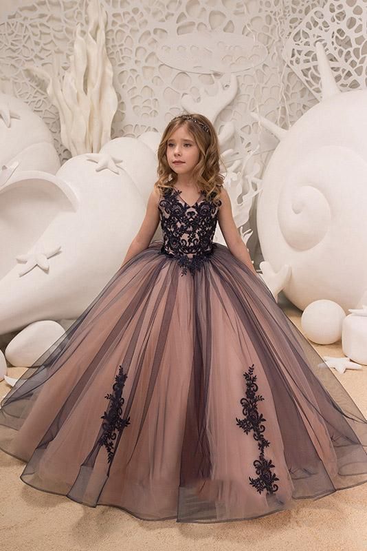 Black Long Ball Gown V-neck Tulle Appliques Lace Flower Girl Dress - YESBABYONLINE