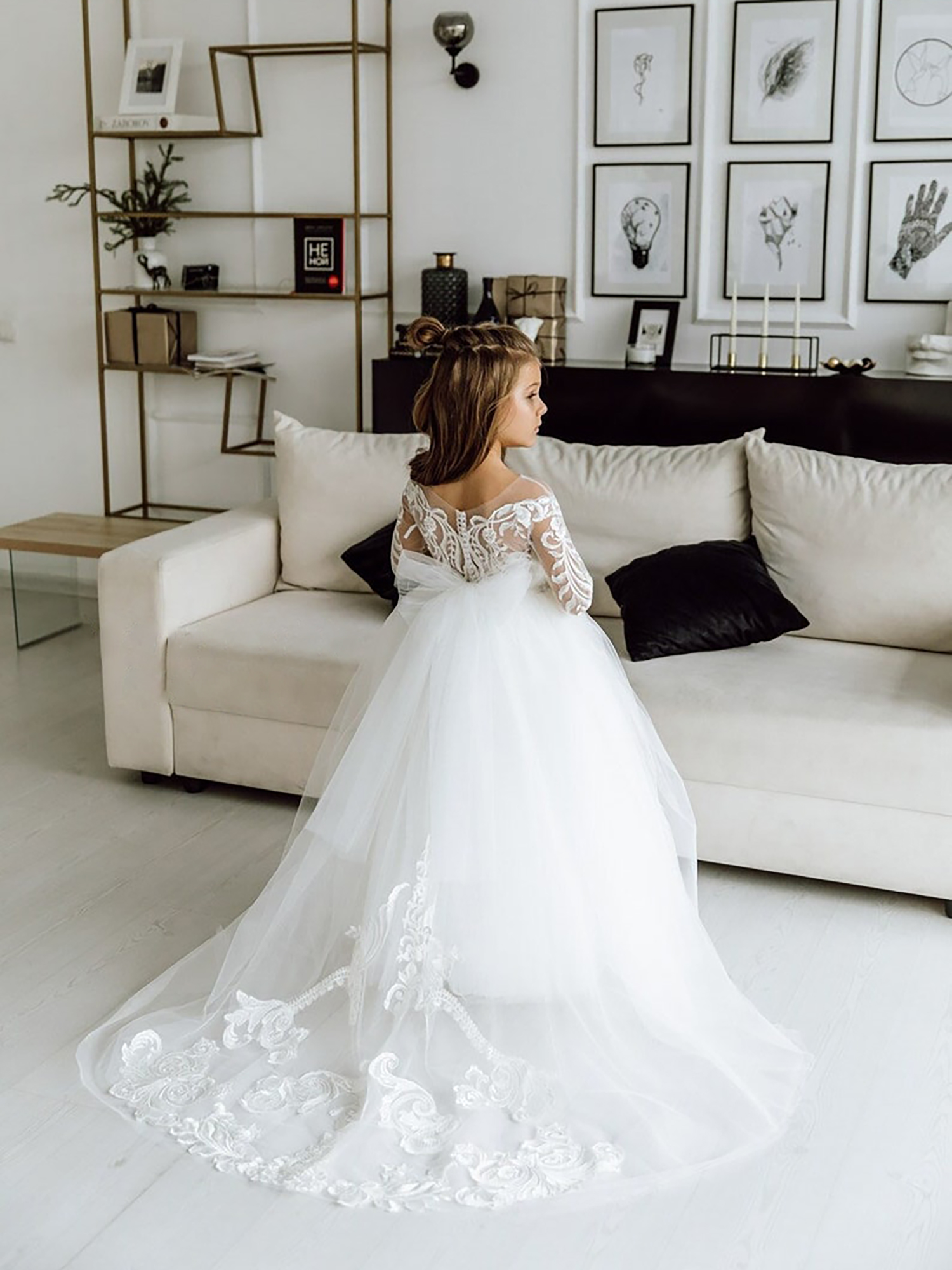 Long White Ball Gown Tulle Lace Flower Girl Dress with Sleeves - YESBABYONLINE