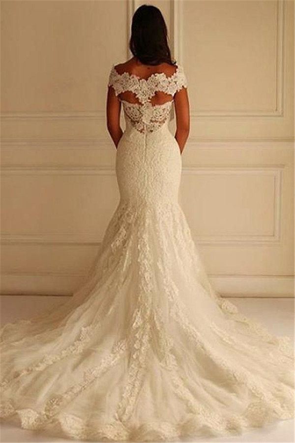 Long Mermaid Off-The-Shoulder Tulle Applique Lace Wedding Dresses - YESBABYONLINE