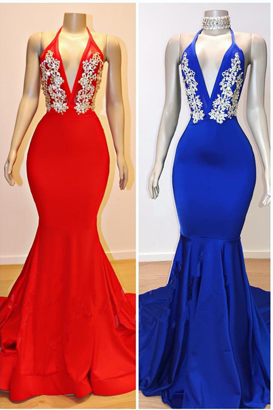 Long V-Neck Mermaid Appliques Lace Sleeveless Prom Dresses - YESBABYONLINE
