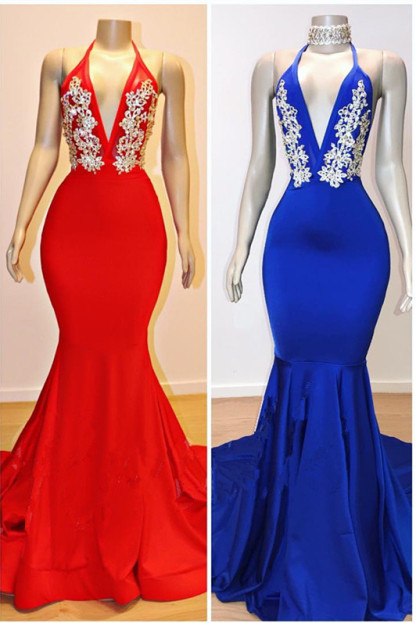 Long V-Neck Mermaid Appliques Lace Sleeveless Prom Dresses - YESBABYONLINE