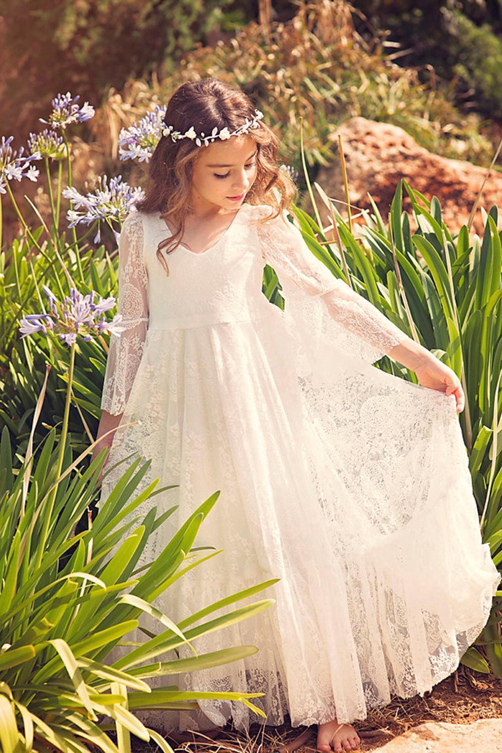A-line V-neck Long Sleeve Appliques Lace Full Length Flower Girl Dress - YESBABYONLINE