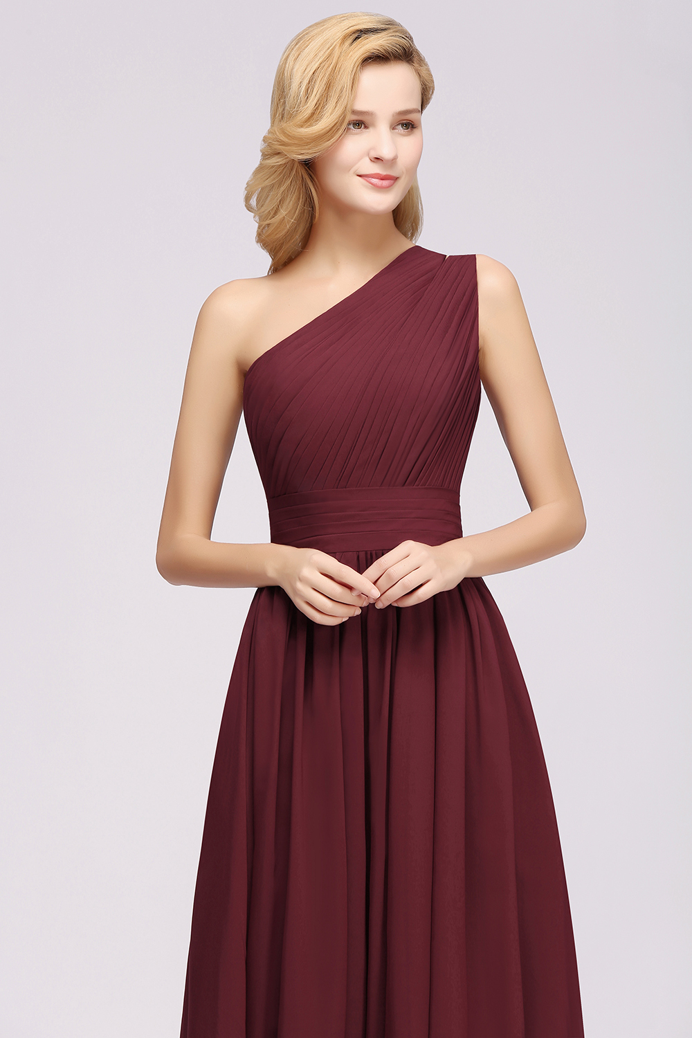Elegant A-Line Burgundy One Shoulder Sleeveless Ruffles Floor-Length Bridesmaid Dresses - YESBABYONLINE
