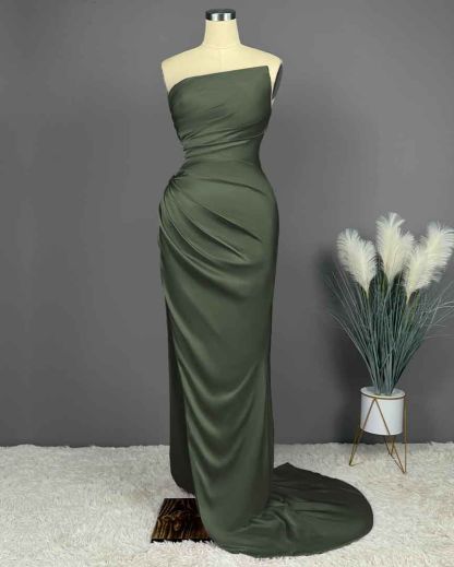 Elegant Long Strapless Sleeveless Mermaid Satin Prom Dresses with Slit - YESBABYONLINE