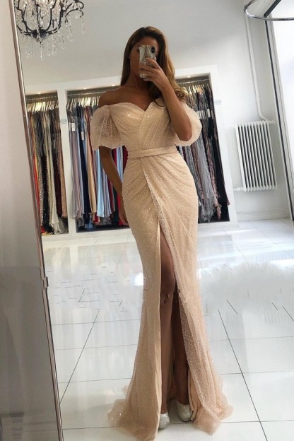 Modest Long Mermaid Off the Shoulder Sequined Side Slit Prom Dress with Puffy Sleeves - YESBABYONLINE