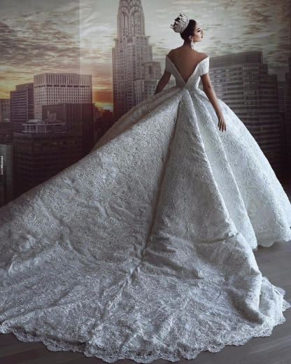 Gorgeous Long Sweetheart Off The Shoulder Applique Lace Ball Gown Backless Wedding Dresses - YESBABYONLINE
