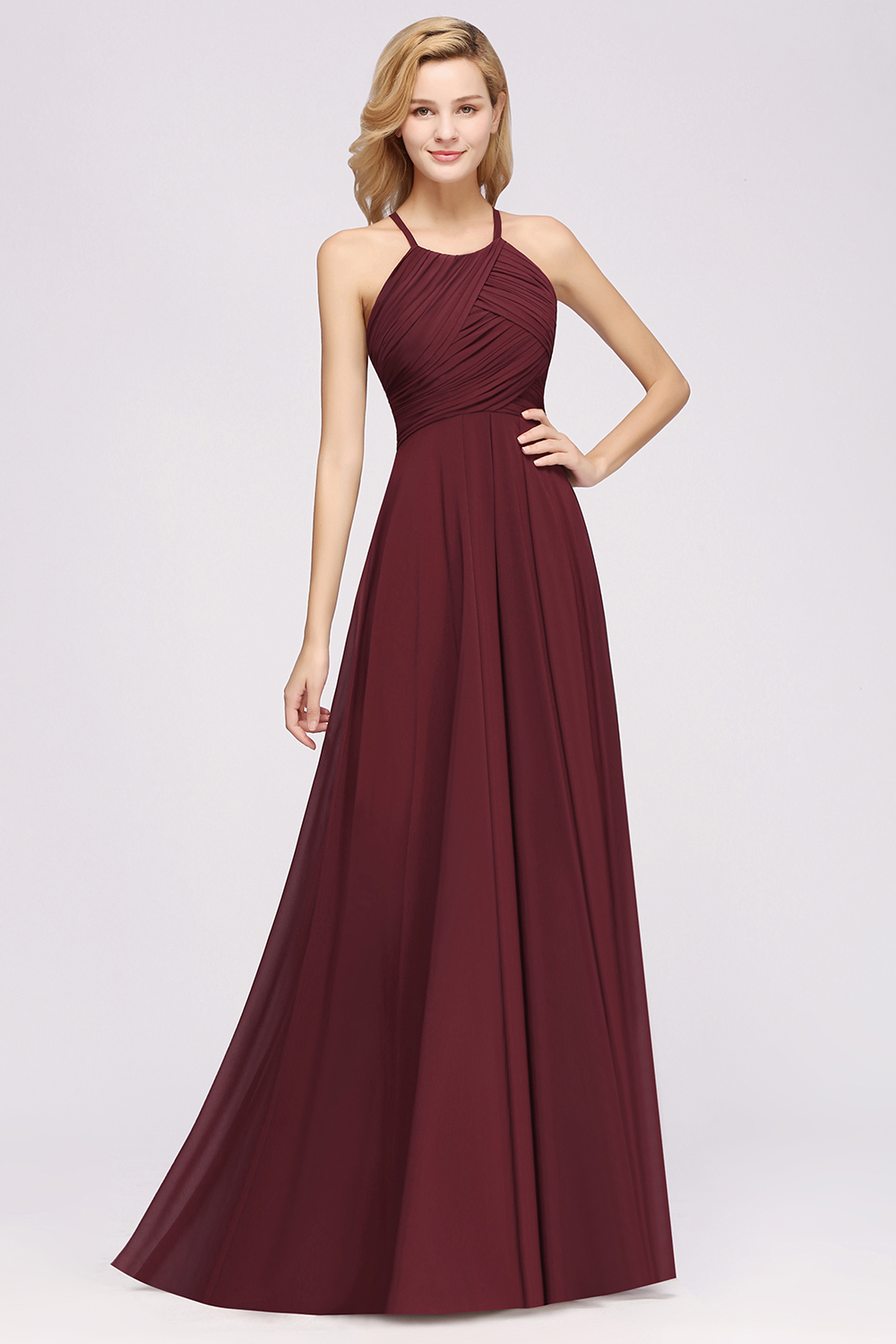 Long A-Line Halter Ruffles Floor-Length Chiffon Bridesmaid Dress - YESBABYONLINE