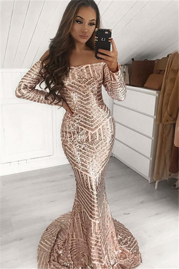 Sexy Long Off the Shoulder Sequins Mermaid Prom Dresses with Sleeves - YESBABYONLINE